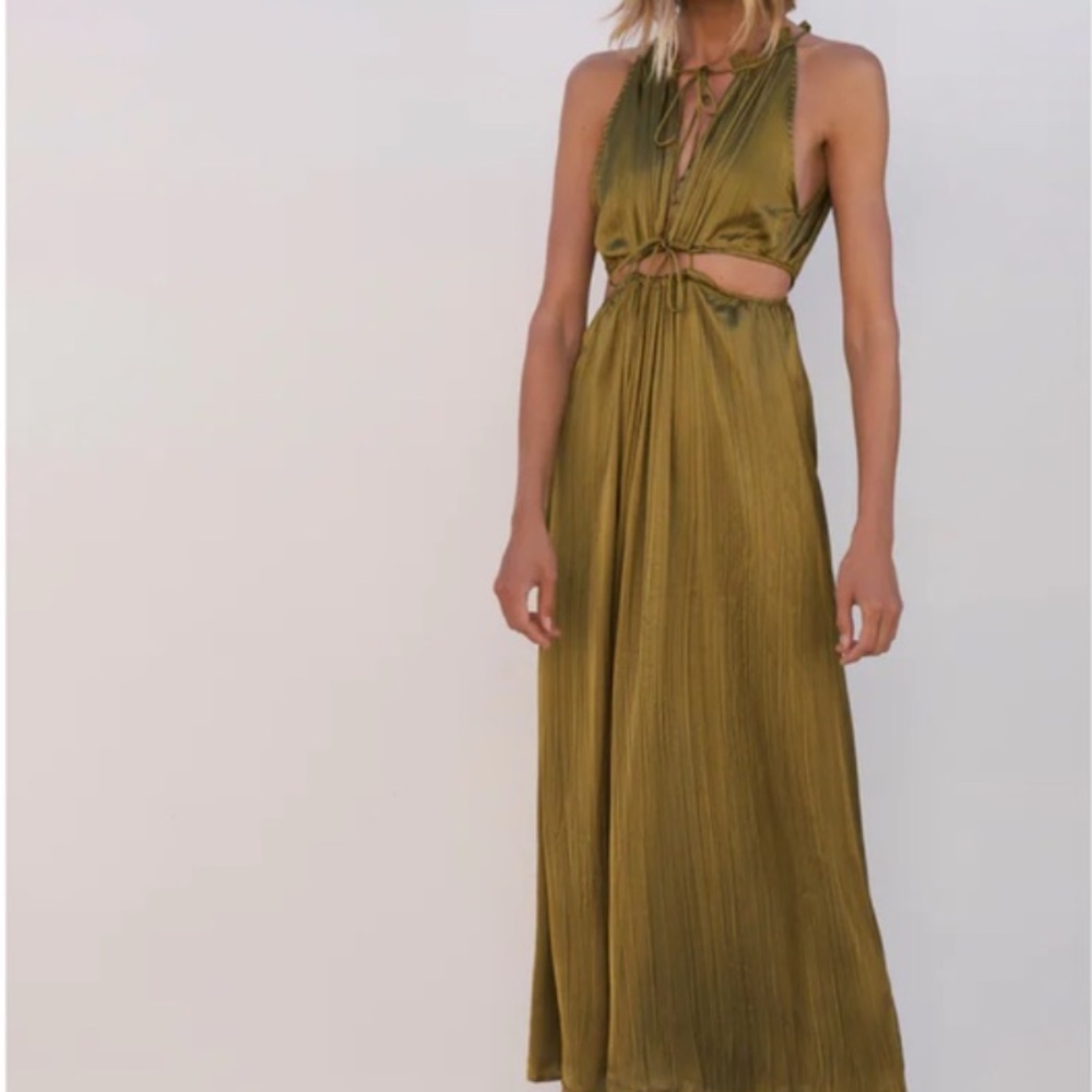 Zara Satin Effect Cut Out Dress Dark Khaki Size Small NWT